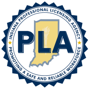 Indiana Professional Licensing Agency (PLA) logo. Emblem features the outline of Indiana and a torch, symbolizing a commitment to a safe, reliable workforce.