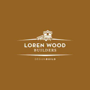 Loren Wood Builders logo featuring a stylized house design, emphasizing quality construction and design-build services on a warm brown background.